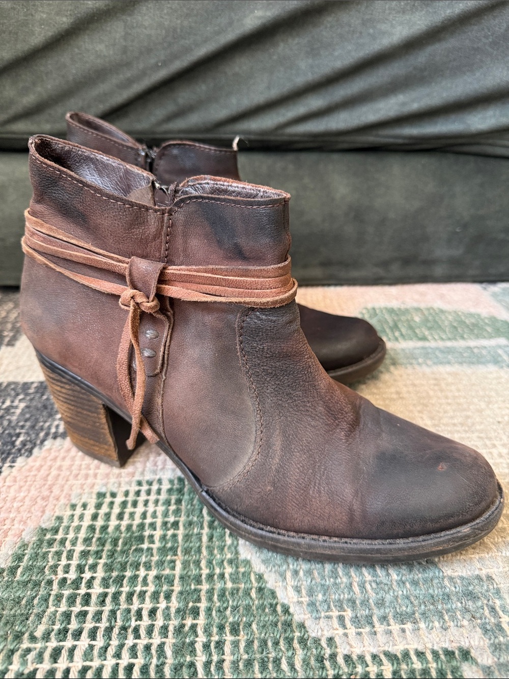 Miz Mooz Brown Leather Ankle Booties with Wrap Strap